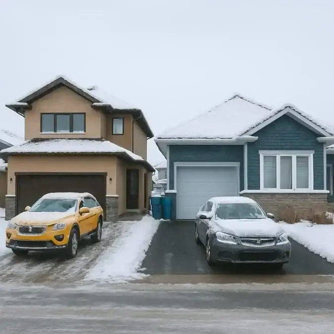 Snowy driveway in a Canadian neighbourhood resurfaced with rubber paving